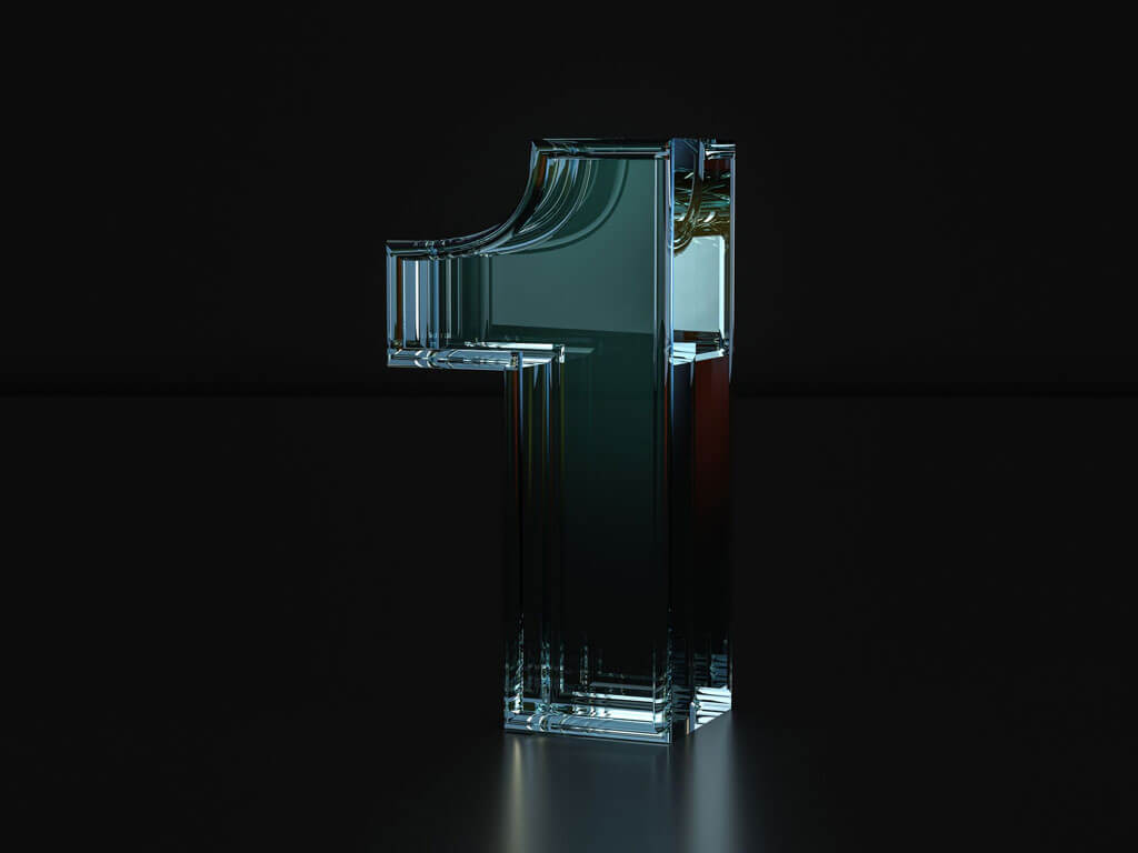 3D render on the number 1 - glass on a dark background