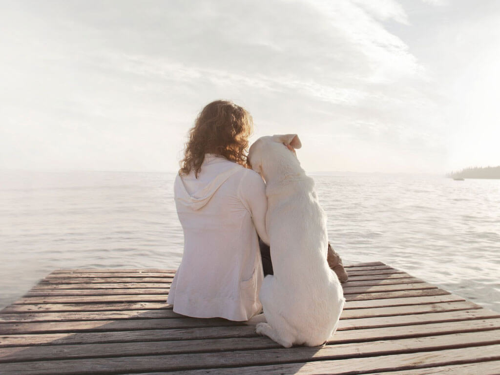 Woman sitting by a lake with a dog