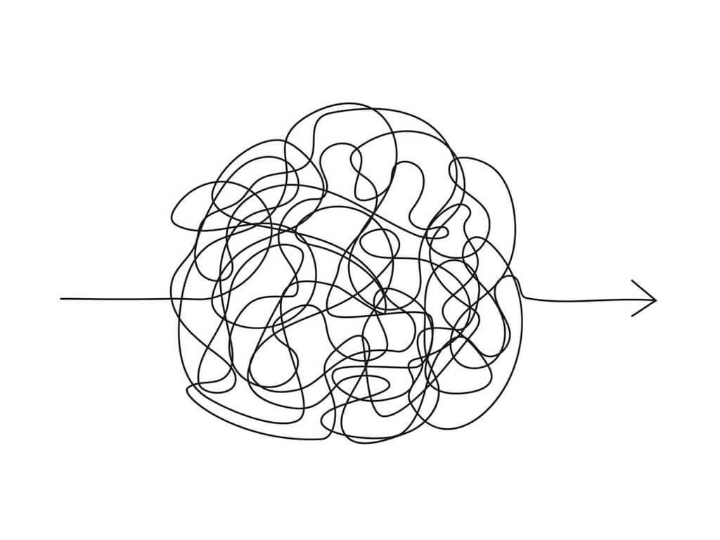 Illustration of a path going from a tangled mess to simple direction