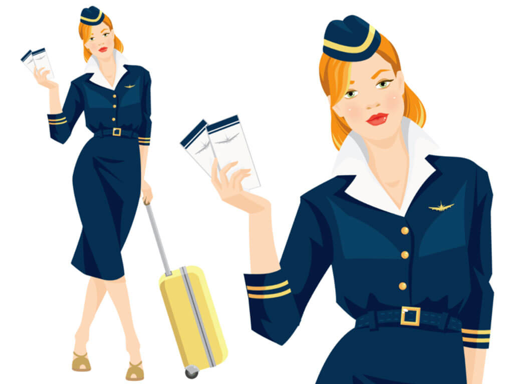 Graphic of a flight attendant holding two tickets