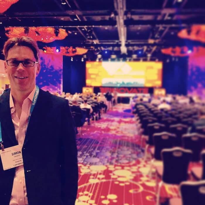 Simon Cadbury at FinovateFall 2018, hosted at the Marriott Marquis Times Square in New York.