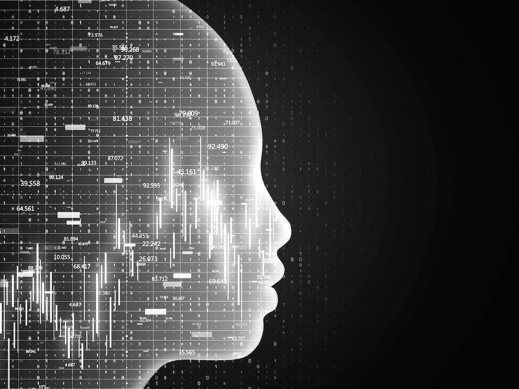 Abstract image of human face silhouette on lots of numbers and charts